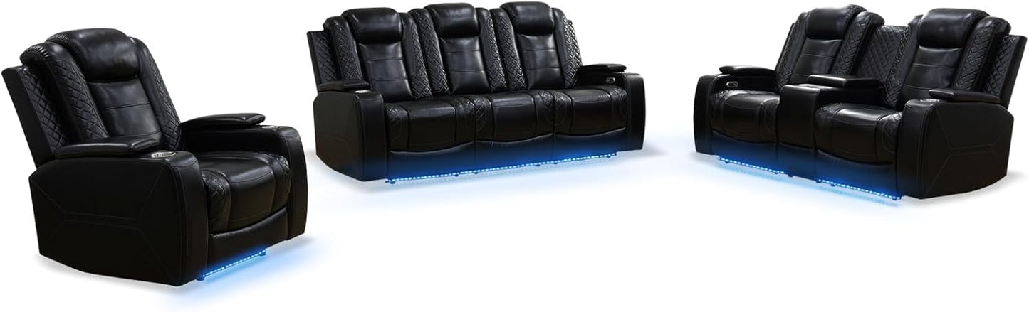3+2+1 PU Leather Power Sectional Sofa Set, Living Room Furniture, Reclining Couch, Loveseat, Chair with LED Light/USB Ports/Storage Armrests/Center Console/Cup Holders/Wireless Chargers/Coffee Table