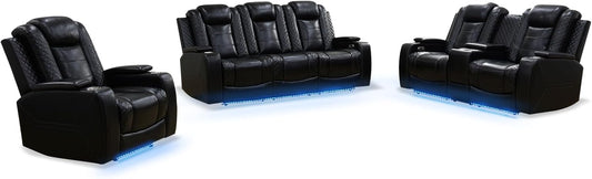 3+2+1 PU Leather Power Sectional Sofa Set, Living Room Furniture, Reclining Couch, Loveseat, Chair with LED Light/USB Ports/Storage Armrests/Center Console/Cup Holders/Wireless Chargers/Coffee Table