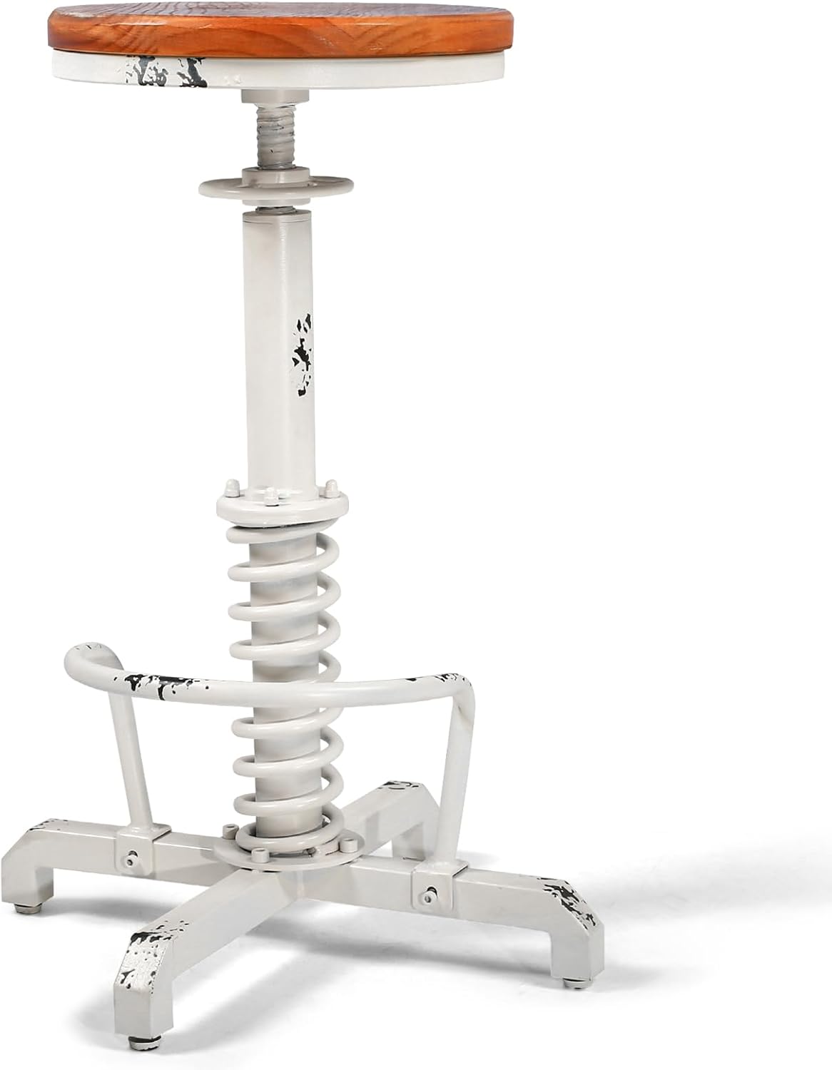 American Antique Steampunk Bar Stool 24.41"-28.35" Vintage Industrial Adjustable Swivel Backless Counter Stool for Home, Dining, Breakfast, Pub, (Heavy Duty Metal & Wood, Aged White, Brown Top)