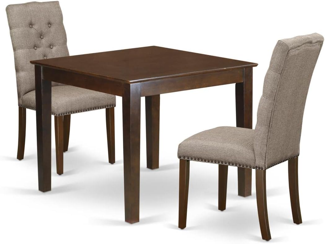 East West Furniture OXEL3-MAH-16 3 Piece Dining Set Contains a Square Dining Room Table and 2 Dark Khaki Linen Fabric Upholstered Parson Chairs, 36x36 Inch, Mahogany
