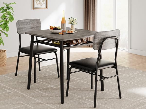 IDEALHOUSE 3-Piece Dining Table Set for 2 with Storage Rack, Wood Kitchen Table with Upholstered Chairs Set of 2, Small Square Table Set with Metal Legs Support, for Dining Room,Living Room