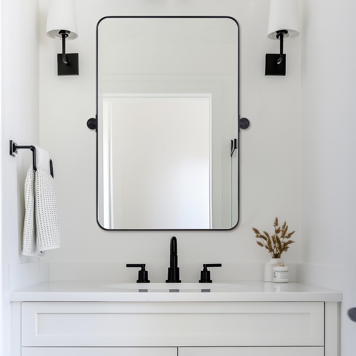 MOON MIRROR Matte Black Pivot Mirror Bathroom, Tilt Rounded Rectangular Bathroom Vanity, Overall 24.33x30 in (Mirror 20x30 in)