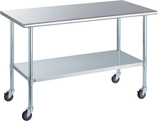ROCKPOINT Stainless Steel Table for Prep & Work with Caster Wheels 30x60 Inches, NSF Metal Commercial Kitchen Heavy Duty Table with Adjustable Under Shelf and Table Foot for Restaurant, Home and Hotel