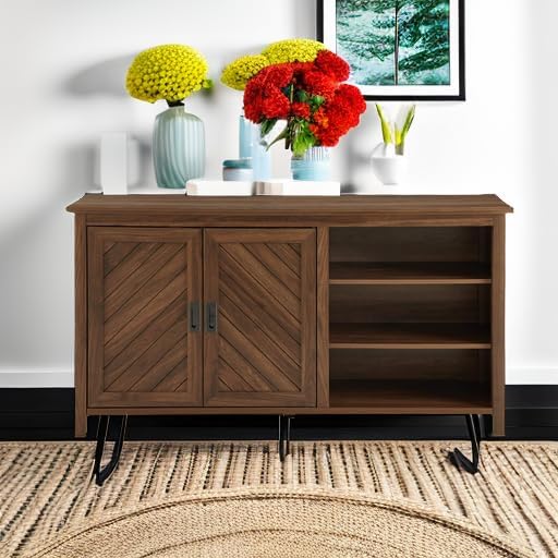 Walker Edison Modern Wood Grooved Buffet Sideboard with Open Storage-Entryway Serving Storage Cabinet Doors-Dining Room Console, 58 Inch, Dark Walnut