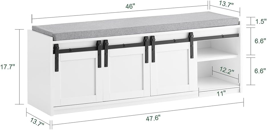 Haotian Industrial Style Shoe Storage Bench, Entryway Hallway Shoe Cabinet, Sliding Barn Doors, Drawer & Padded Seat Cushion, Rustic Window Bench for Mudroom (White) FSR198-W
