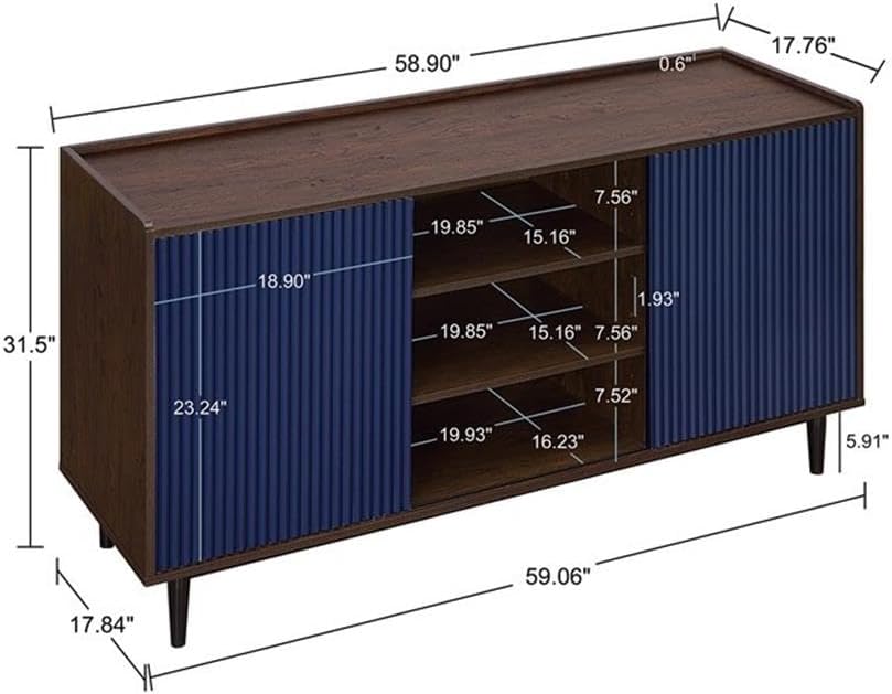 Manhattan Comfort Duane 59-Inch Ribbed Mid Century Modern Sideboard, Versatile Dining & Living Room Buffet Table with 3 Adjustable Center Shelves & 2 Side Cabinets, Navy Blue