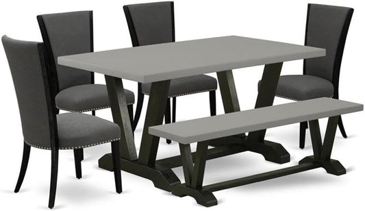 East West Furniture V696VE650-6 6 Piece Dining Set Contains a Rectangle Dining Room Table with V-Legs and 4 Dark Gotham Linen Fabric Upholstered Chairs with a Bench, 36x60 Inch, Multi-Color