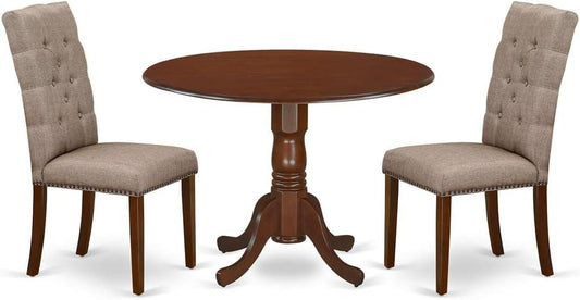 East West Furniture DLEL3-MAH-16 3 Piece Kitchen Table Set Contains a Round Dining Room Table with Dropleaf and 2 Dark Khaki Linen Fabric Upholstered Chairs, 42x42 Inch, Mahogany