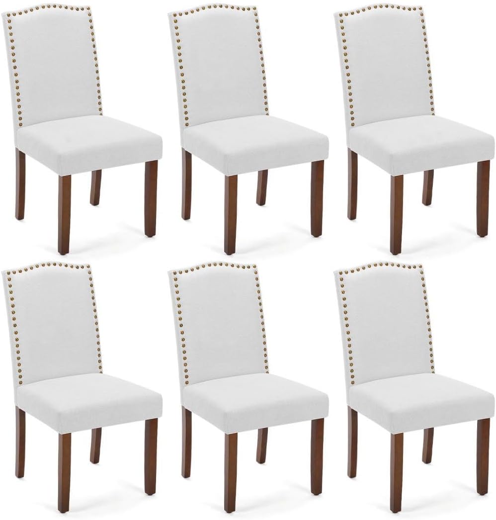 Kitchen Chairs Set of 6 Modern Upholstered Fabric Seat with Nailhead Trim and Ergonomic Lumbar Support for Living Room and Rustic Farmhouse Dining Area, Grey