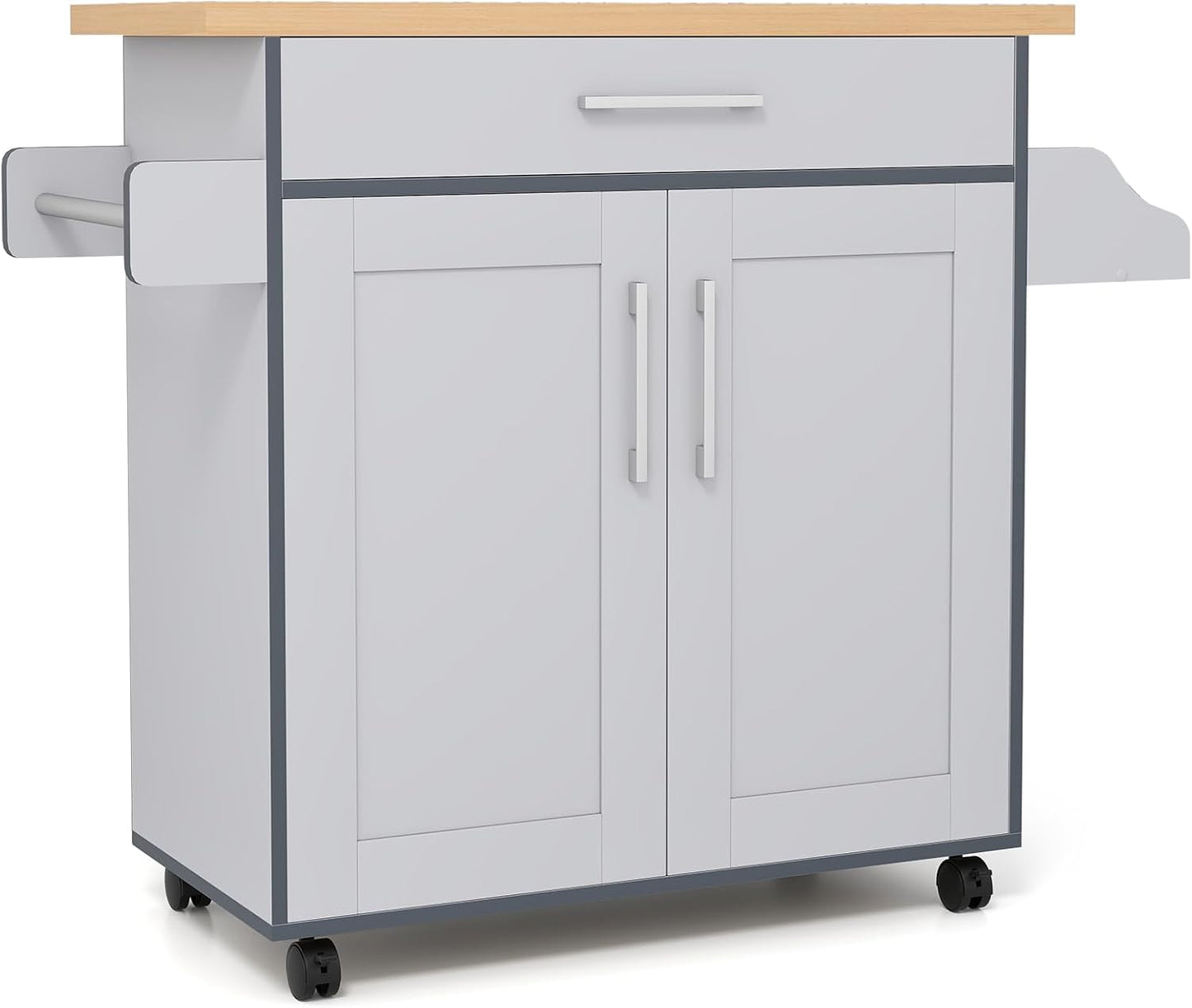 COSTWAY Kitchen Island On Wheels, Rolling Storage Trolley Cart with Large Cabinet, Drawer, Spice Rack and Towel Rack, Kitchen Serving Utility, 3-Position Adjustable Shelf (Grey)