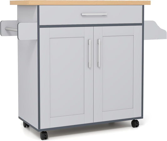 COSTWAY Kitchen Island On Wheels, Rolling Storage Trolley Cart with Large Cabinet, Drawer, Spice Rack and Towel Rack, Kitchen Serving Utility, 3-Position Adjustable Shelf (Grey)