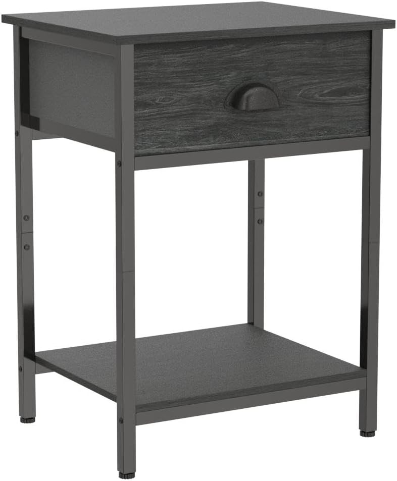Nightstands Set of 2, Industrial End Table with Fabric Drawer&Storage Shelf, Small Bedside Table Organizer for Small Space for Living Room, Tall 23.6" Night Stand for Bedroom, Black Oak