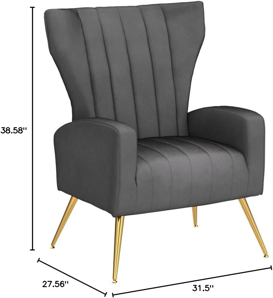 Container Furniture Direct Modern Velvet Accent Chair, Channel Tufted Bedroom, Office or Living Room Furniture with Elegant Metal Legs, 26" Wide Armchair, Grey