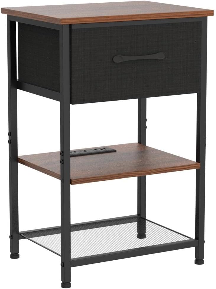 Nightstands Set of 2 with Charging Station and Drawer, End Table Side Table with 20 Colors LED Light Strip and 2 Layers Shelf for Bedroom Living Room Sofa (Rustic Brown)