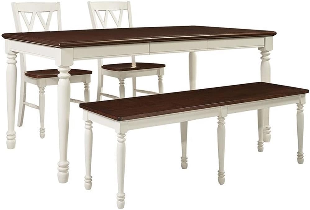 Crosley Furniture Shelby 4-Piece Traditional Dining Table Set for 5 with 2 Chairs and a Wood Bench, Distressed White