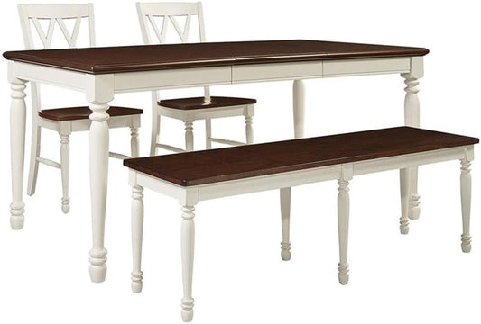 Crosley Furniture Shelby 4-Piece Traditional Dining Table Set for 5 with 2 Chairs and a Wood Bench, Distressed White