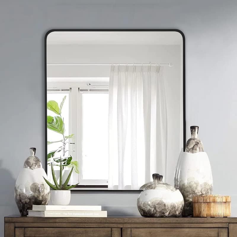 30"x36" Bathroom Wall Mirror with Matte Black Metal Frame & HD Glass, Copper-Free Mirrors Modern Rectangle Round Corner Framed Vanity Mirror - Horizontal or Vertical Installation