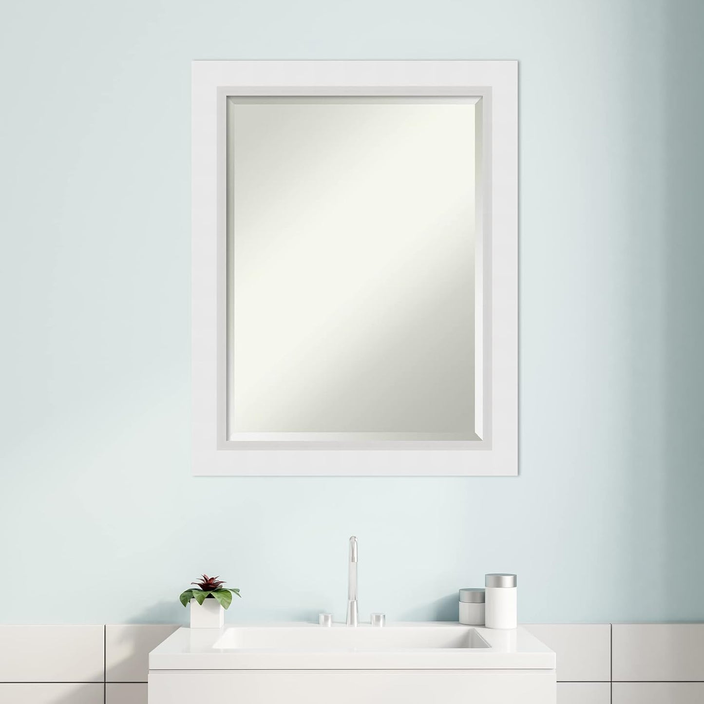 Amanti Art White Bathroom Mirror for Over Sink, 28x22 Blanco White Rectangle Vanity Mirror, Medium Modern Contemporary Wood Frame, Hangs Horizonally and Vertically, Bathroom Wall Decor, Beveled Edge
