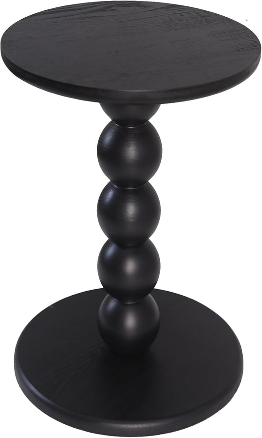 Round Wooden Side Table with Stacked Ball Pedestal Base, Accent Nightstand for Living Room, Bedroom, Corners (Black)