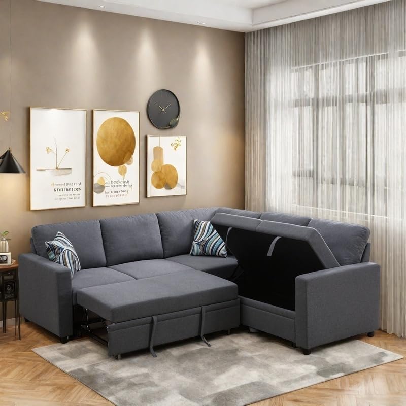 4-Piece L Shaped Sofa Set with Storage Chaise, Convertible Pull Out Couch with Movable Ottoman, Modular Sectional Sofa for Living Room, Apartment, Office, Gray