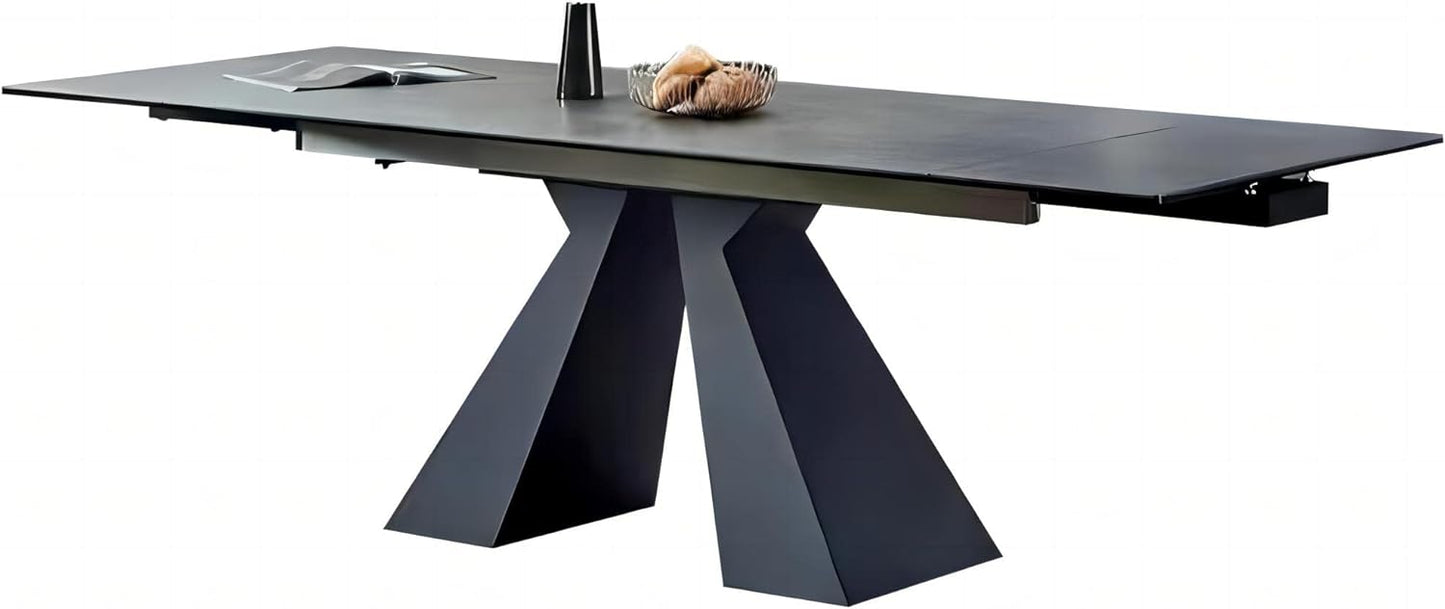 Extendable Dining Table for 8-12 Seat, Flexible Stretch, Tabletop Made from Rock Plate and Tempered Glass, Solid Carbon Steel Base, 35.4" D x 94.5" W x 30" H, Dark Grey