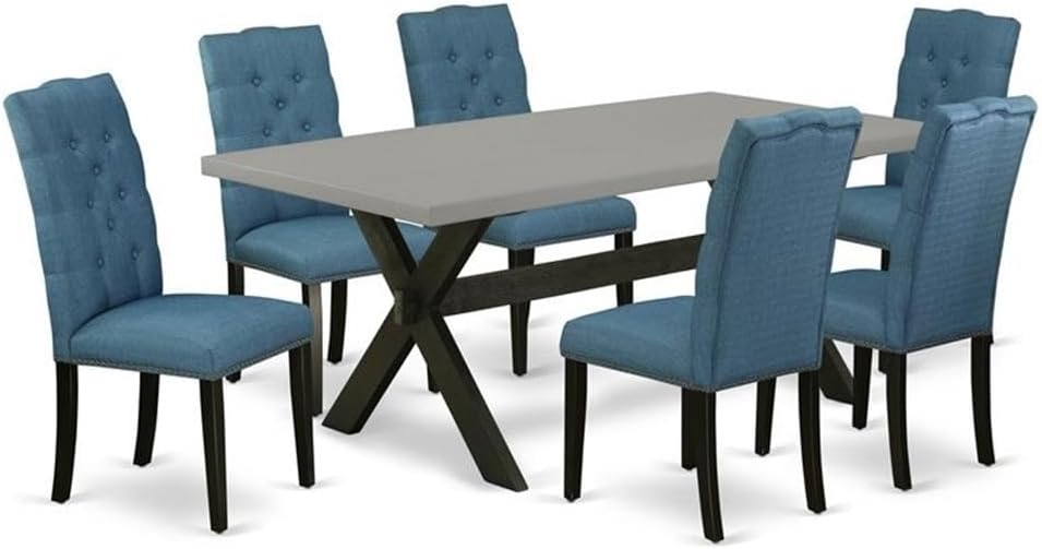 East West Furniture X697EL121-7 7 Piece Dining Table Set Consist of a Rectangle Dining Room Table with X-Legs and 6 Blue Linen Fabric Upholstered Chairs, 40x72 Inch, Multi-Color