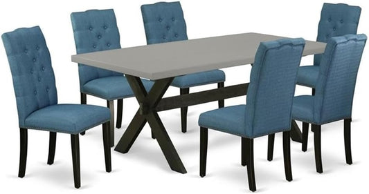East West Furniture X697EL121-7 7 Piece Dining Table Set Consist of a Rectangle Dining Room Table with X-Legs and 6 Blue Linen Fabric Upholstered Chairs, 40x72 Inch, Multi-Color
