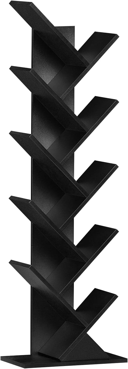 10 Tier Tree Book Shelf, Floor Standing Wood Bookshelf for Narrow Space, Storage Organizer Bookshelves for Books/CDs/Magazine, Bookcase with Shelves for Home Office, Living Room - Black
