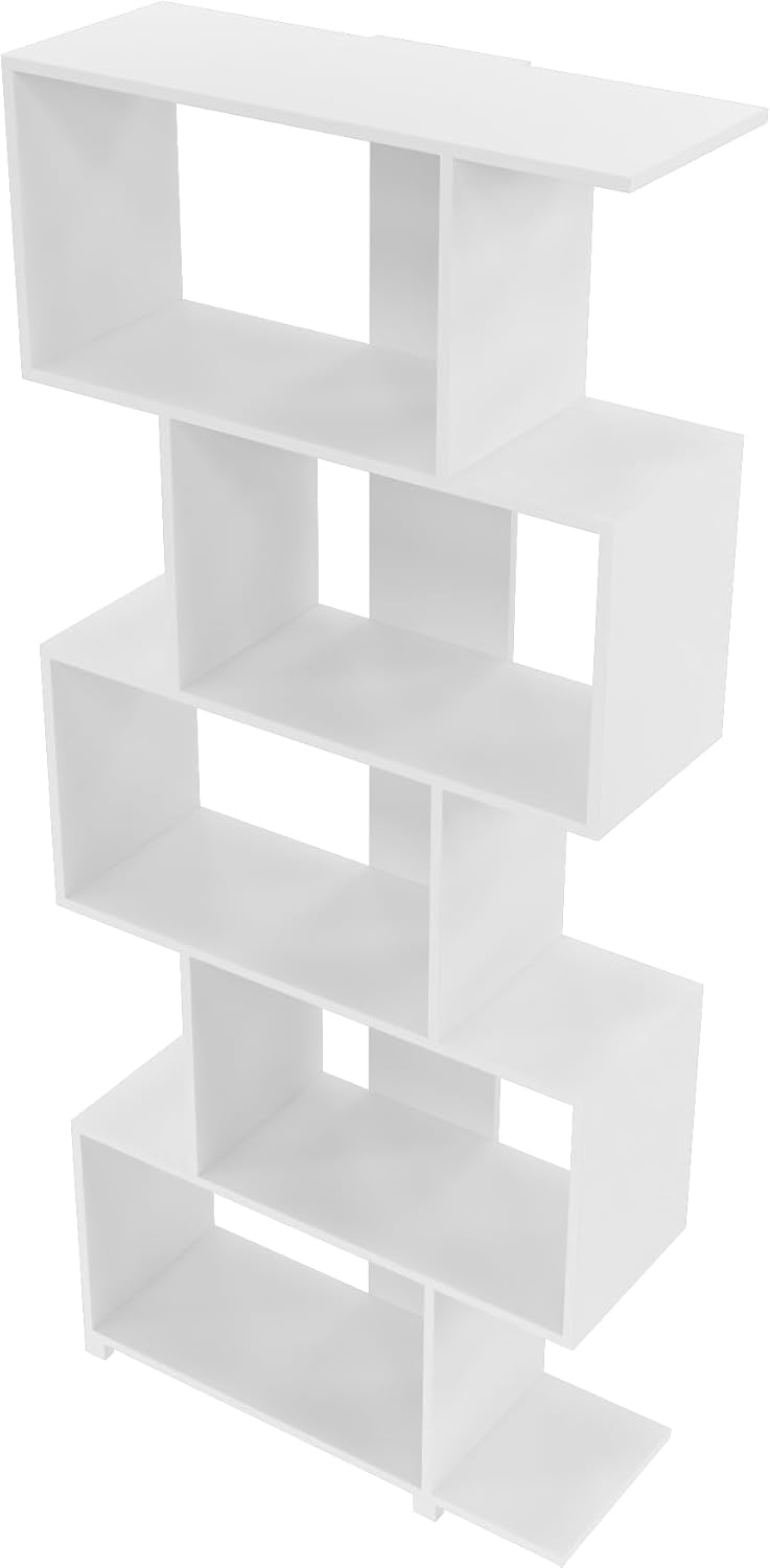 Manhattan Comfort Petrolina Bookshelf with 5 Zig-Zag Cubbies & Open Shelves, Unique Mid Century Modern Bookcase, Ideal for Living Room, Office, Bedroom, Display Ornaments, Trophies, Photos, White