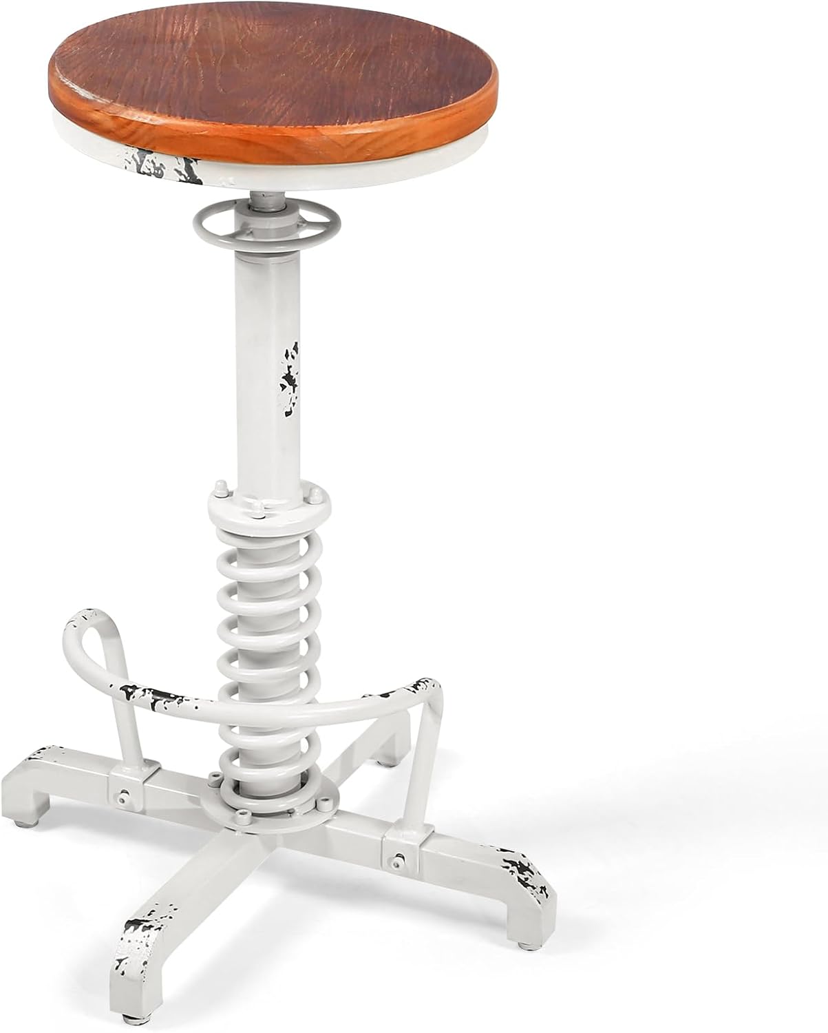 American Antique Steampunk Bar Stool 24.41"-28.35" Vintage Industrial Adjustable Swivel Backless Counter Stool for Home, Dining, Breakfast, Pub, (Heavy Duty Metal & Wood, Aged White, Brown Top)