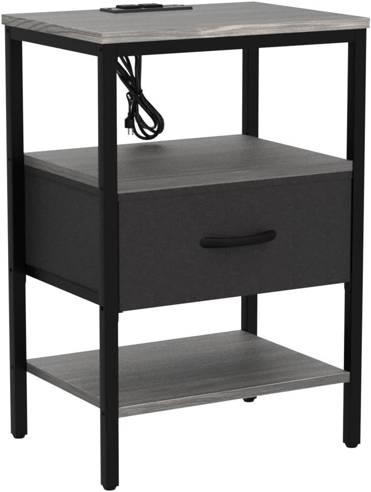 SUPERJARE Nightstand Set of 2, Bed Side Tables with Charging Station, Adjustable Fabric Drawer, Night Stand for Bedroom, 3-Tier Storage End Tables, for Living Room - Charcoal Gray