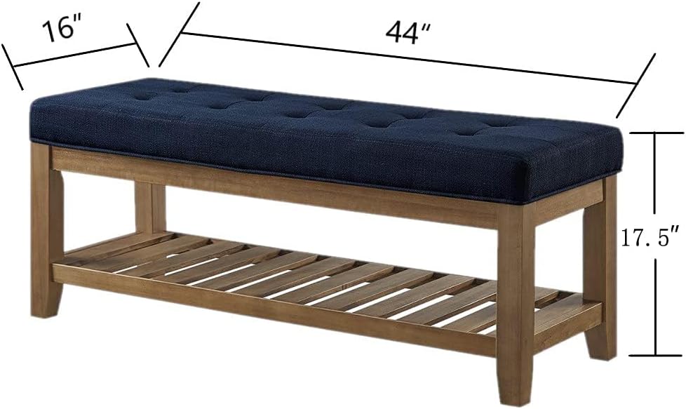 24KF Large Rectangular Upholstered Tufted Linen Fabric Ottoman Bench, Padded Bench with Solid Wood Shelf-Navy Blue