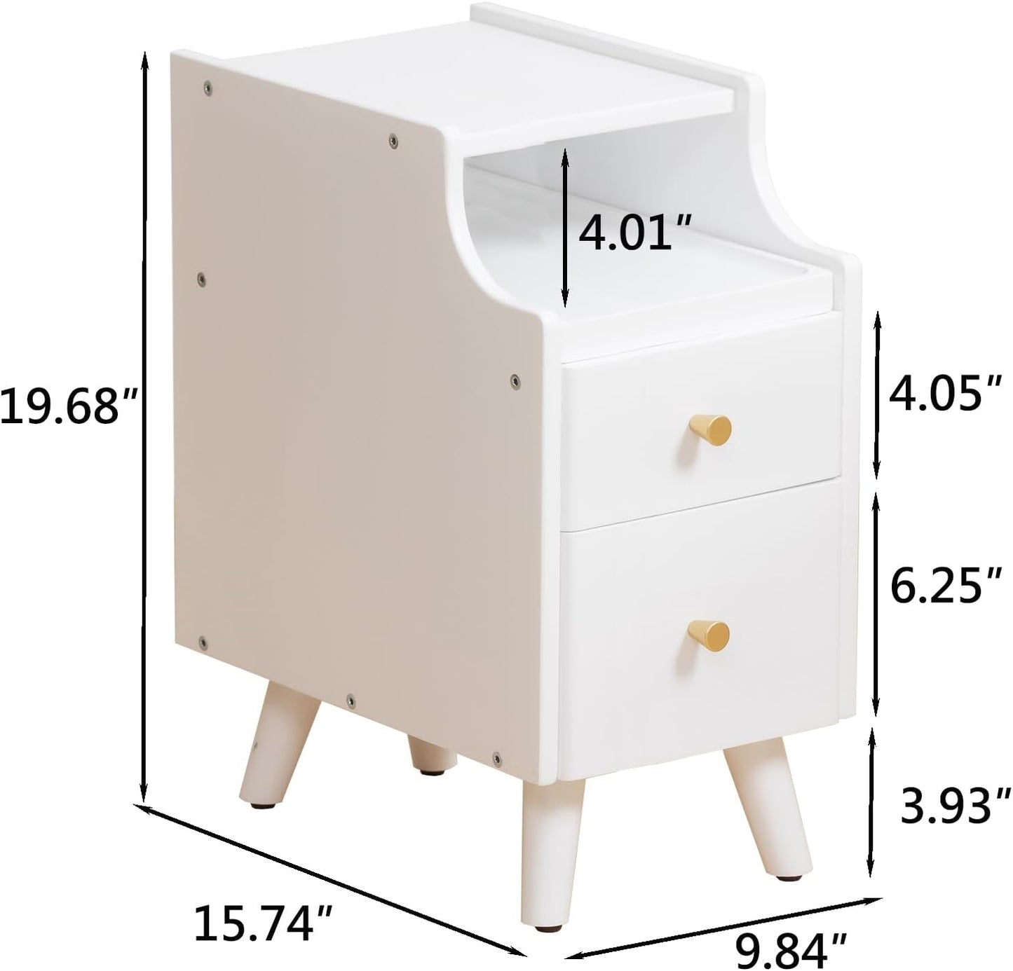 Small Nightstand, Narrow Nightstand, Solid Slim Wood Night Stand for Small Spaces, Couch, White Color 9.84in Wide