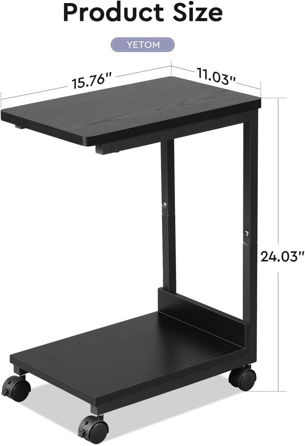 Side Table,C Table with 2-Tier Storage Shelf, End Table with Metal Frame, Sofa Table with Wheels for Living Room, Bedroom, Office, Bathroom, Easy Assembly, Black