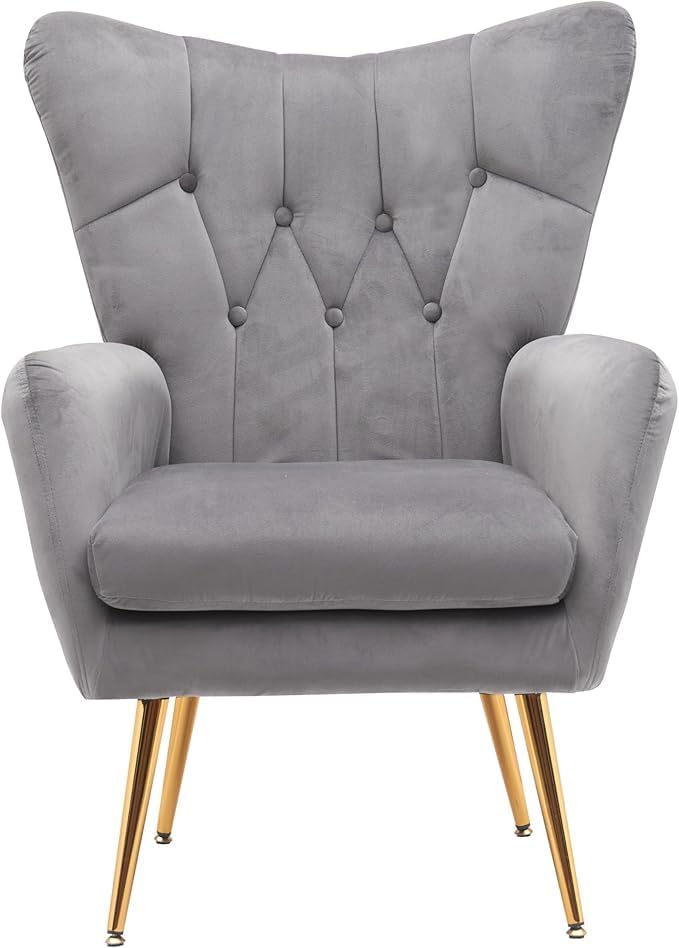 Container Furniture Direct Modern Chic Mid-Century Velvet Accent Armchair for Living Room, Bedroom, or Home Office, Button-Tufted Wingback Design with Gold Flared Legs, Grey