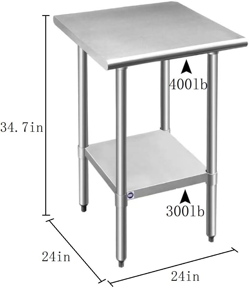 ROCKPOINT Stainless Steel Table for Prep & Work 24x24 Inches, NSF Metal Commercial Kitchen Table with Adjustable Under Shelf and Table Foot for Restaurant, Home and Hotel