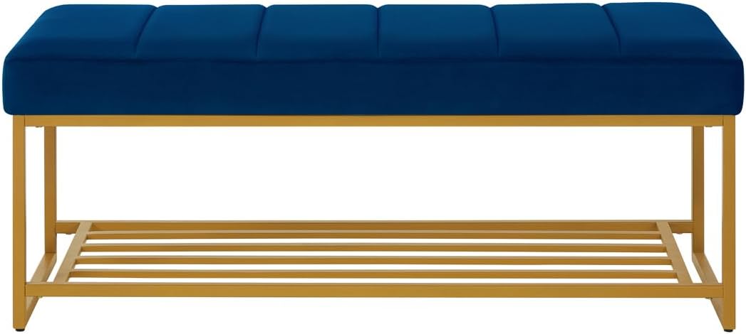 24KF Navy Velvet Upholstered End of Bed Bench with Metal Shelf, Modern Tufted Channel Entryway Bench Footboard Bench for Living Room, Bedroom, Gold Bench,5036-Navy