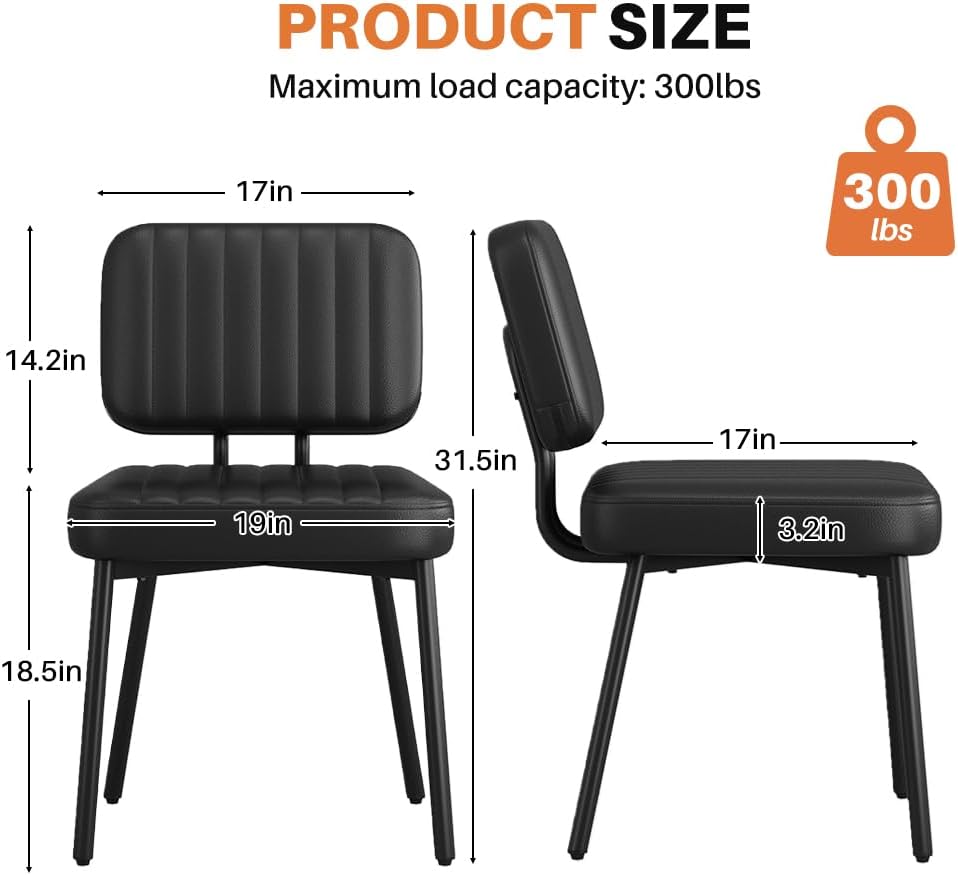 Dining Chairs Set of 4, Upholstered Mid Century Modern Kitchen Dining Room Accent Chairs with Faux Leather Cushion Seat & Metal Legs for Kitchen, Living Room (Black, Set of 4)