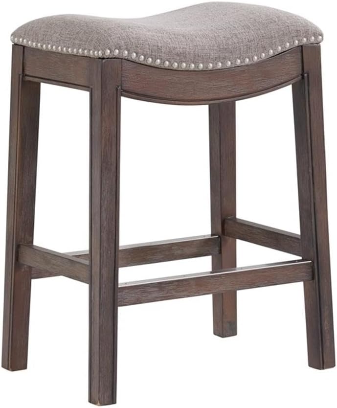 Williston Dark Brown Wood Counter Height Stool Set of 2, 18.25 in. W Seat with Linen-Like Fabric & Silver Satin Nail Heads, Kitchen Furniture Bar Stools w/Solid Rubberwood Frame & Metal Kick Plate