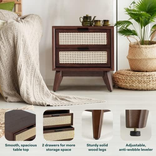 Bme Jasper Deluxe Solid Wood Rattan Nightstand Fully Assembled - Mid Century Modern Side Table with 2 Drawers - Multipurpose use for Living Room, Bedroom - Walnut