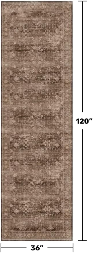 Brown Earthy Boho Washable 3x10 Extra Long Hallway Runner Rug, Waterproof Large Kitchen Floor Rug Indoor, Non-Slip Stain & Fade Resistant, Vintage Dark Taupe Decor