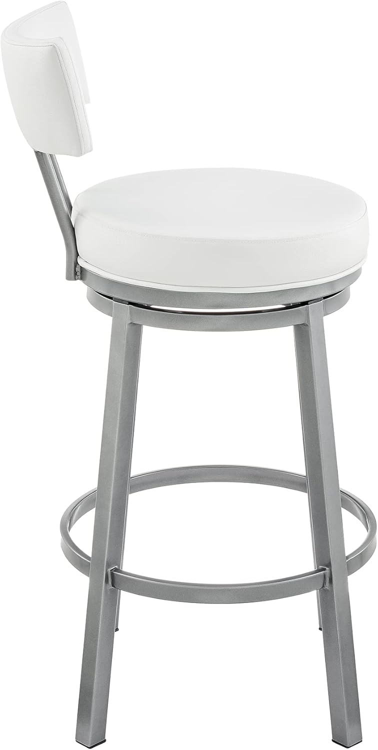 Armen Living Dalza Swivel Counter or Bar Stool in Cloud Finish with White Faux Leather