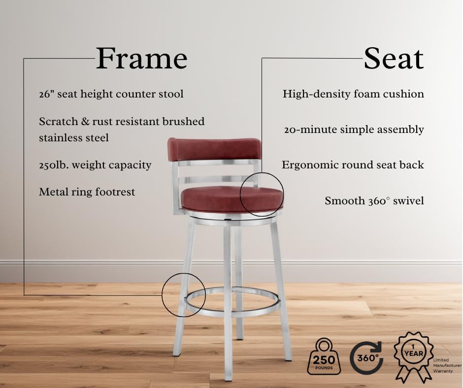Armen Living Madrid 26" Seat Height Swivel Modern Red Faux Leather and Brushed Stainless Steel Bar Stool for Kitchen Island Counter