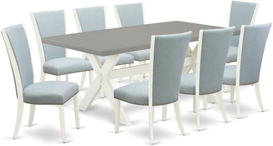 East West Furniture X097VE215-9 9 Piece Dining Room Set Includes a Rectangle Dining Table with X-Legs and 8 Baby Blue Linen Fabric Upholstered Chairs, 40x72 Inch, Multi-Color