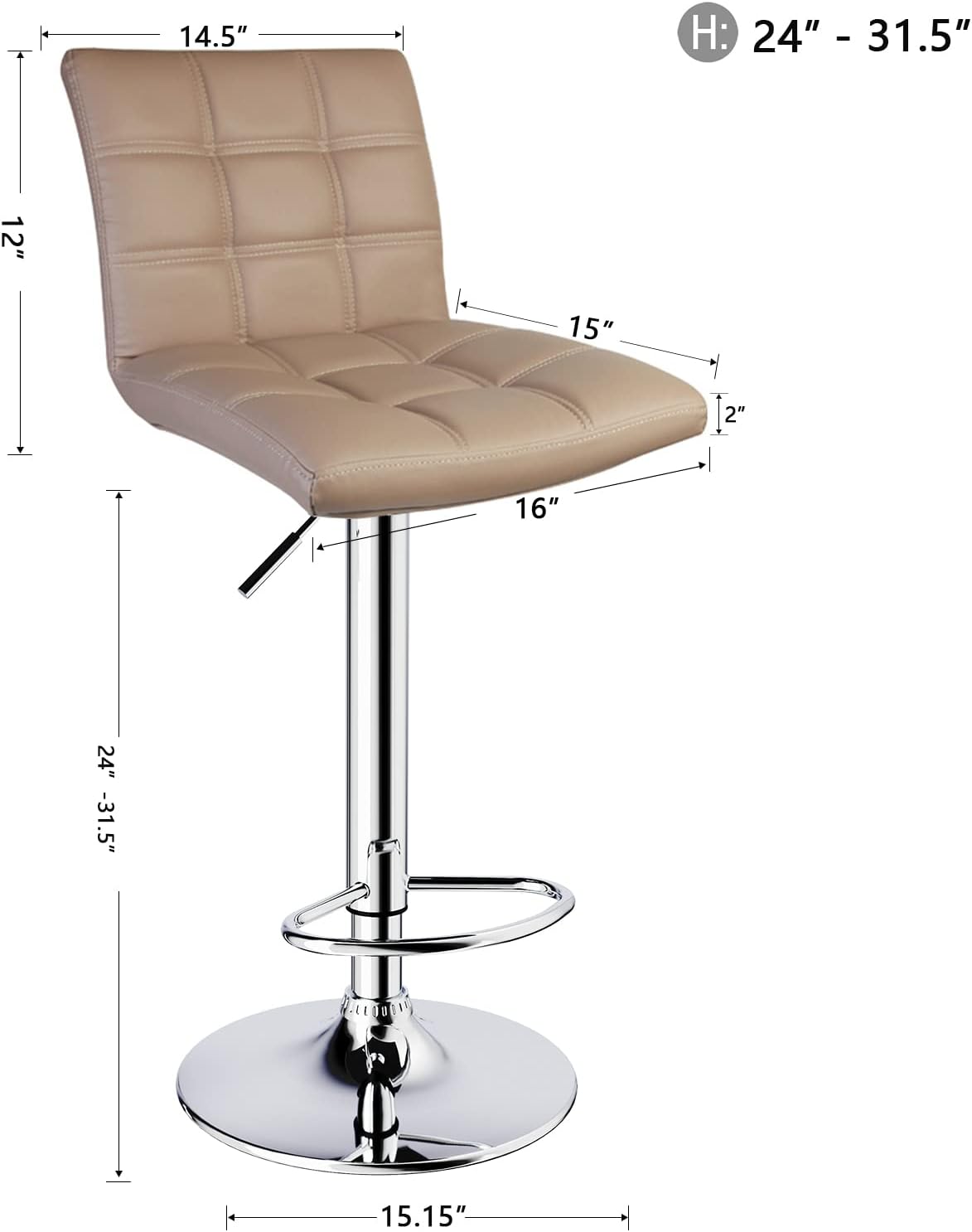 Leopard Modern Square PU Leather Adjustable Bar Stools with Back, Square Back Bar Stools Set of 2, Counter Height Swivel Stool (Khaki)