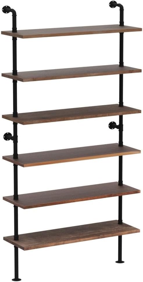 6 Tier Industrial Ladder Pipe Shelf Bookcase, Rustic Wall Mounted Pipe Bookshelves for Decor and Storage