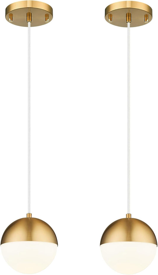 LMS Mid Century Pendant Lights, Brushed Gold Kitchen Island Light Fixtures with White Globe Glass Shade, Adjustable Hanging Cord, 2-Pack for Home Office Dining Room Bathroom, LMS-186PL-BGWS2PK