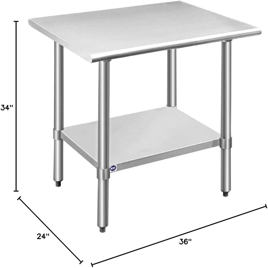 ROCKPOINT Stainless Steel Table for Prep & Work 24x36 Inches, NSF Metal Commercial Kitchen Heavy Duty Table with Adjustable Under Shelf and Table Foot for Restaurant, Home and Hotel