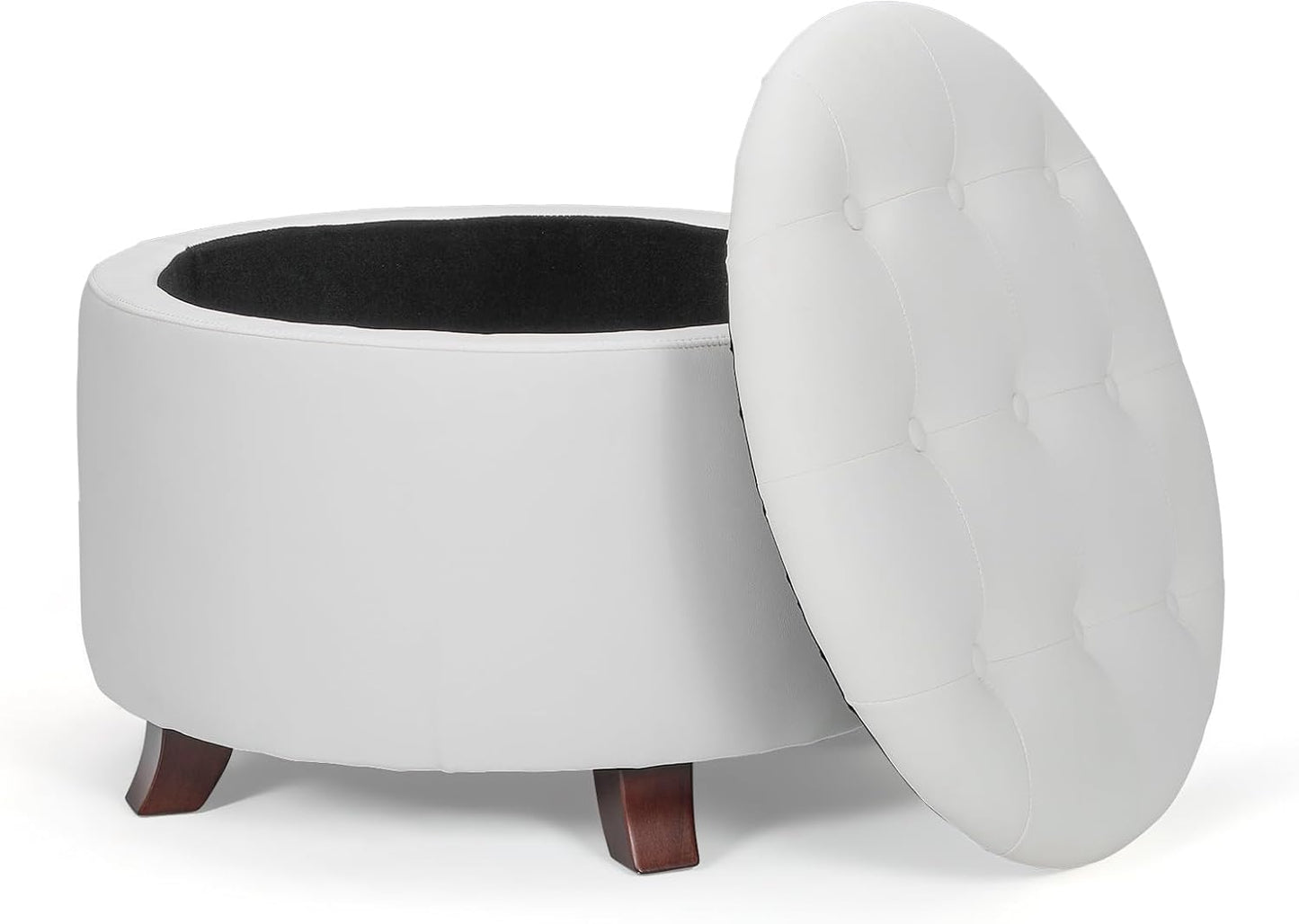 Athena Collection 24.5 Inch Small Ottoman with Storage, Round PU Leather Storage Ottoman Foot Rest with Removable Lid, Multipurpose Footstool Footrest for Livingroom, Bedroom, Dorm, White
