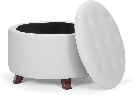 Athena Collection 24.5 Inch Small Ottoman with Storage, Round PU Leather Storage Ottoman Foot Rest with Removable Lid, Multipurpose Footstool Footrest for Livingroom, Bedroom, Dorm, White